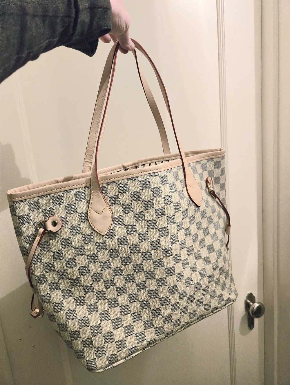 Designer Inspired Cream Check Tote Bag with Beige Trim